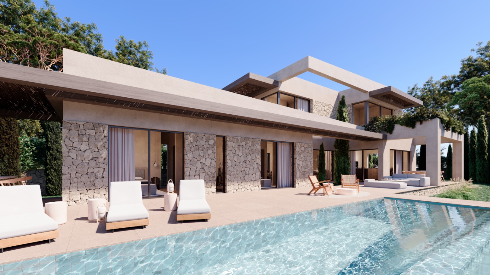 Villa moderna de lujo con estilo mediterráneo contemporáneo y características elegantes