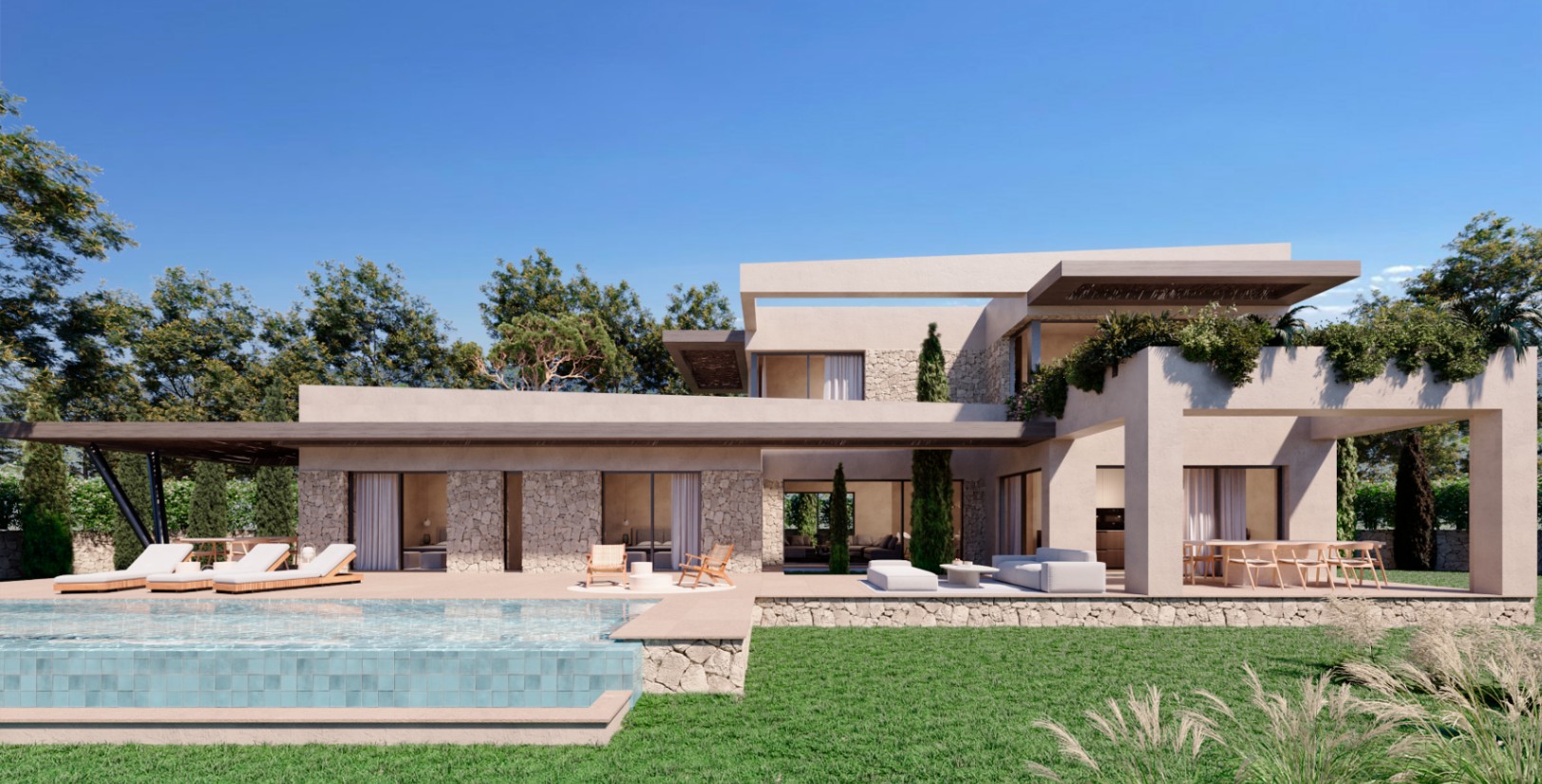 Villa moderna de lujo con estilo mediterráneo contemporáneo y características elegantes